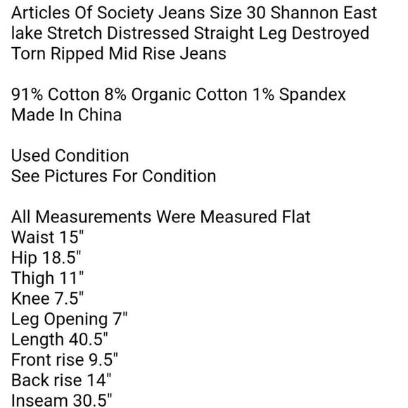 Articles Of Society Jeans Size 30 Shannon East lake Stretch Distressed Straight - Picture 6 of 6